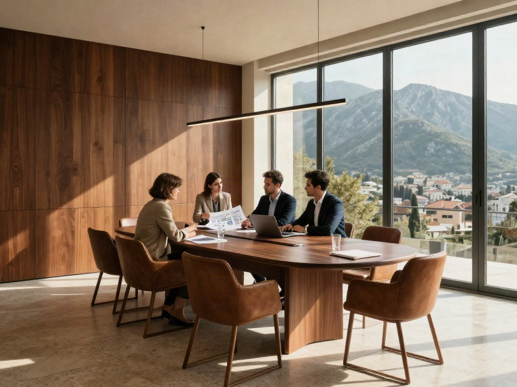 Consultants sharing data and reviewing business strategy around a sunlit conference table